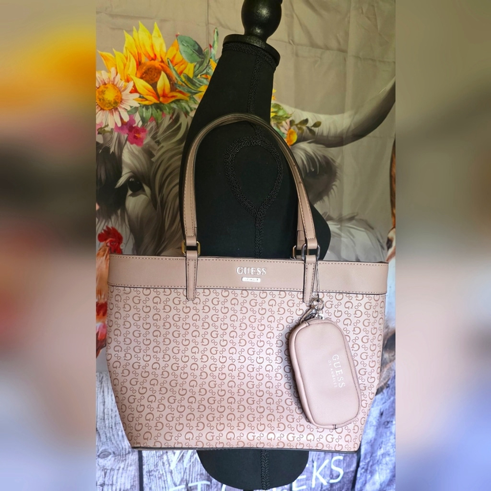 Guess Light Pink Monogram Tote with Pouch